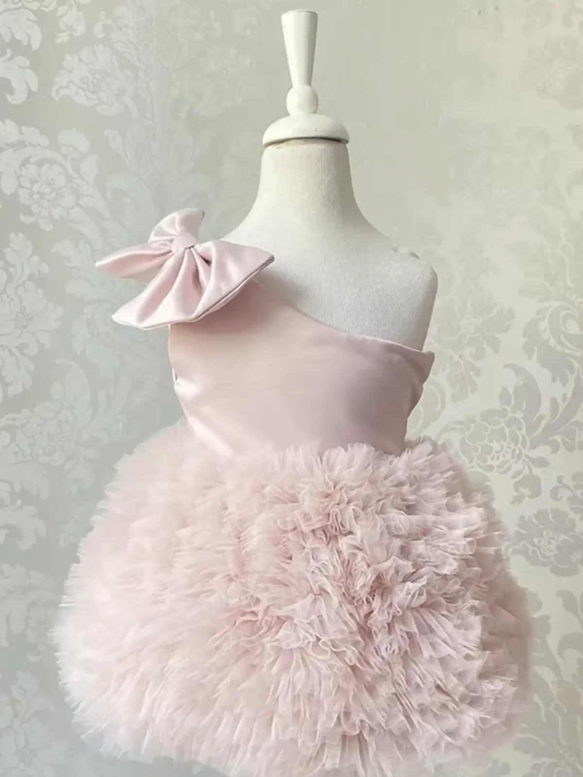 One Shoulder Bow Ruffle Tulle Dress