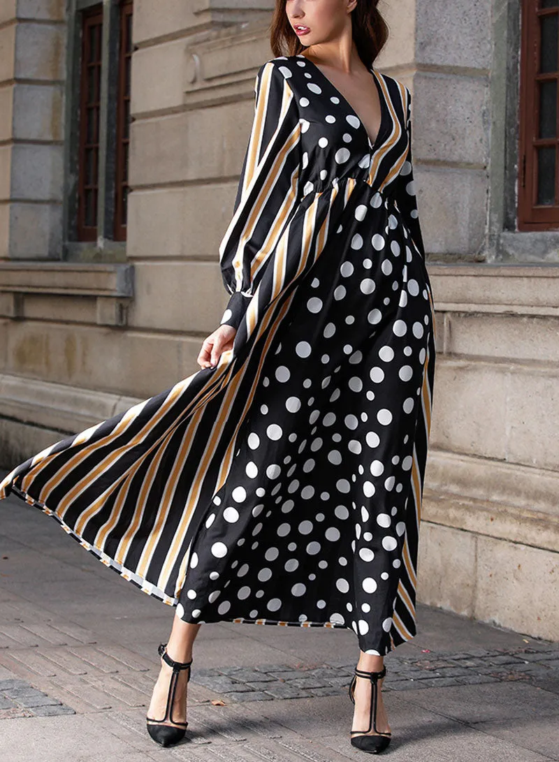 Original Design Autumn and Winter New Striped Lantern Sleeves Stitching Deep V-neck Large Swing Dress