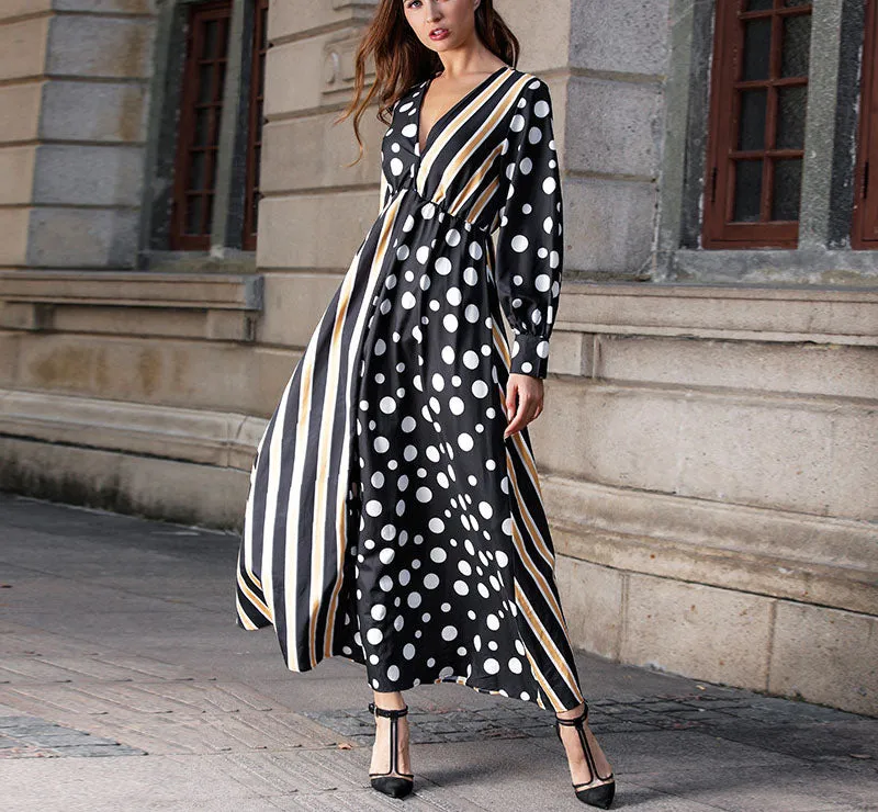 Original Design Autumn and Winter New Striped Lantern Sleeves Stitching Deep V-neck Large Swing Dress