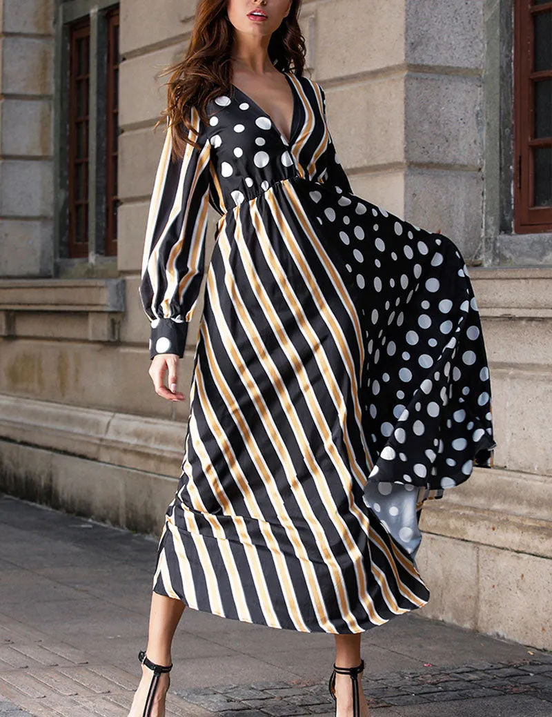 Original Design Autumn and Winter New Striped Lantern Sleeves Stitching Deep V-neck Large Swing Dress