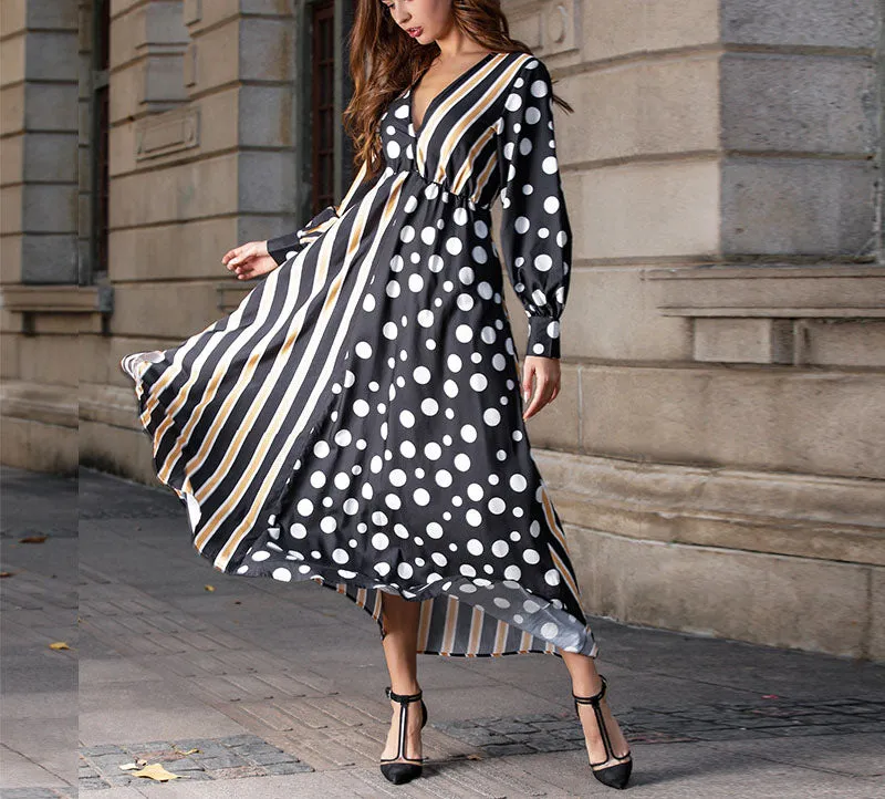 Original Design Autumn and Winter New Striped Lantern Sleeves Stitching Deep V-neck Large Swing Dress
