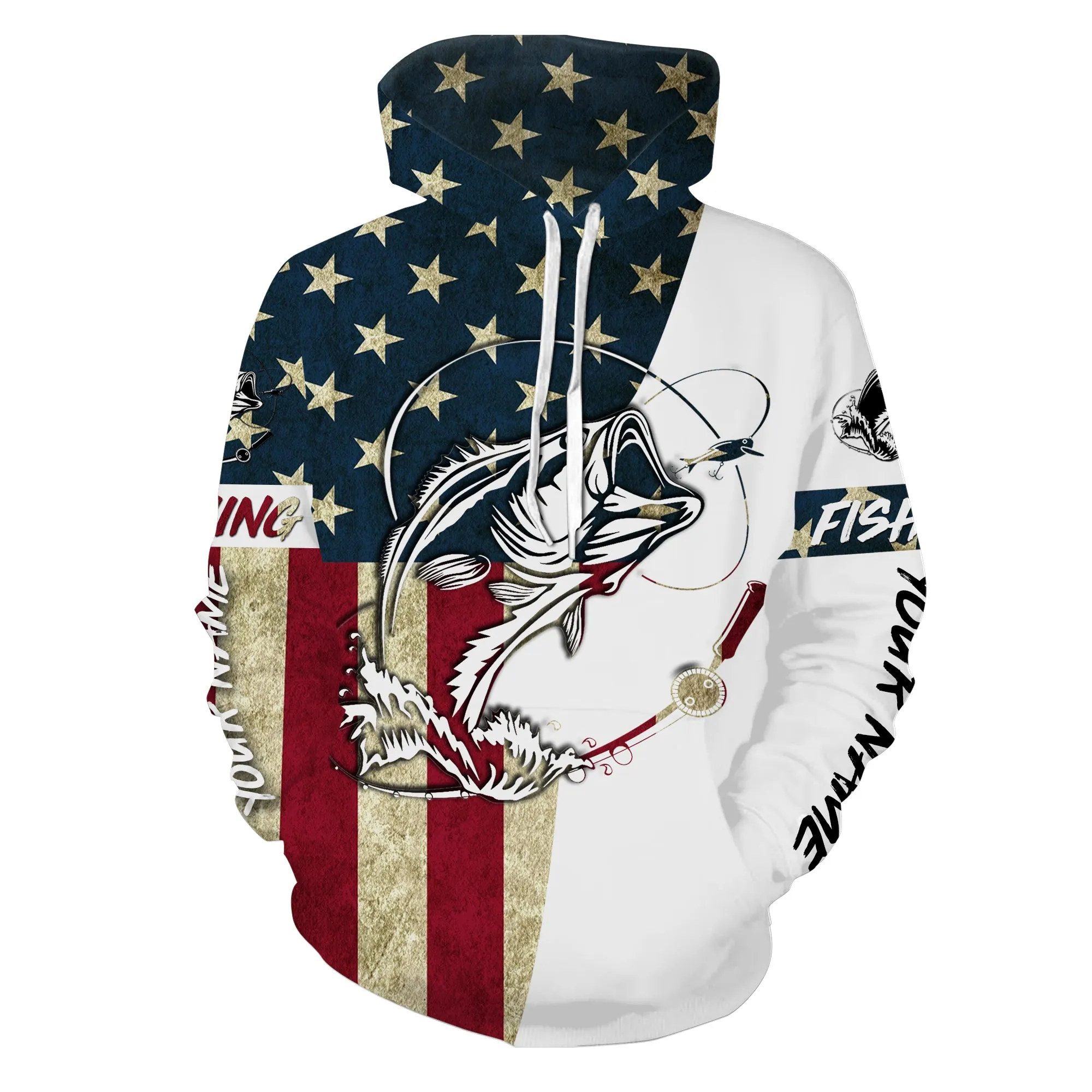 Personalized Bass Fishing American Flag Hoodie Shirts, Patriotic Fishing gifts - IPHW1076
