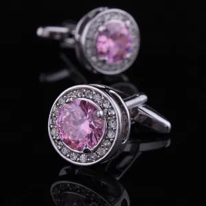 Pink Round Big Stone Mens Stainless Steel Rectangular Cufflinks for Shirt with Box - Hand Crafted