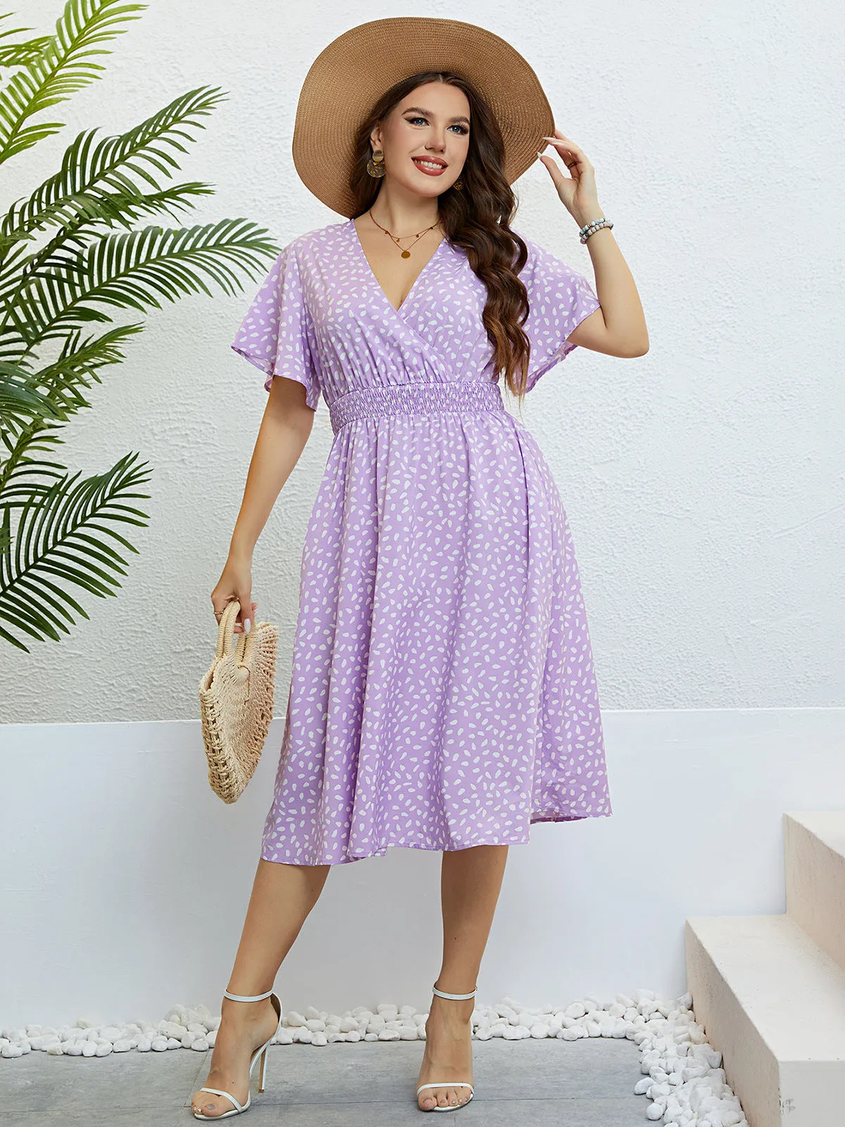 Plus Size V-neck Purple Loose Dress Women