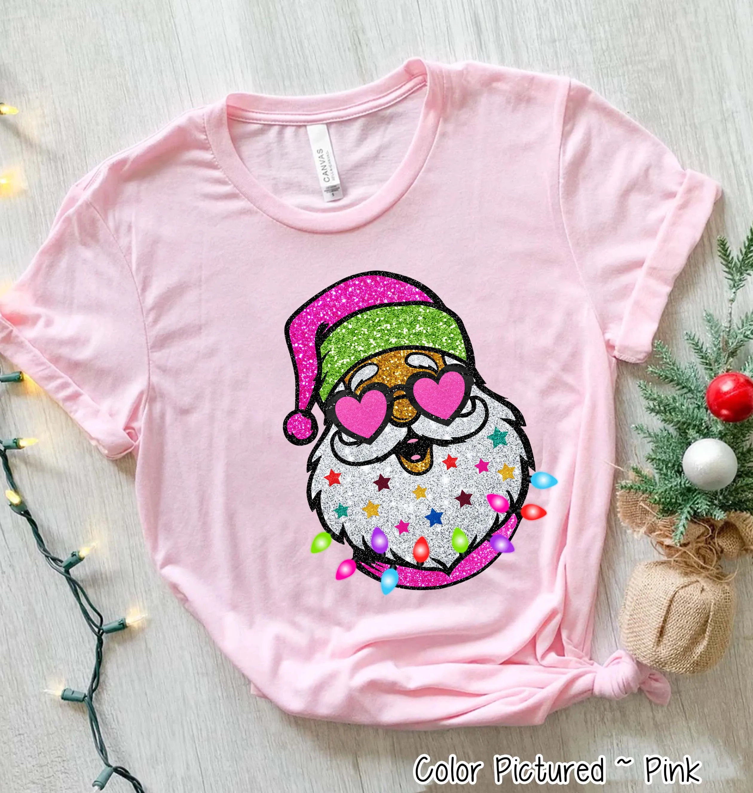 Preppy Glitter Santa Christmas Tee or Sweatshirt