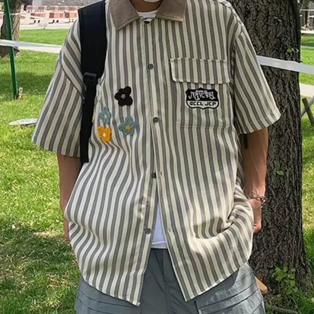 Preppy Stripe Floral Embroidered Shirt