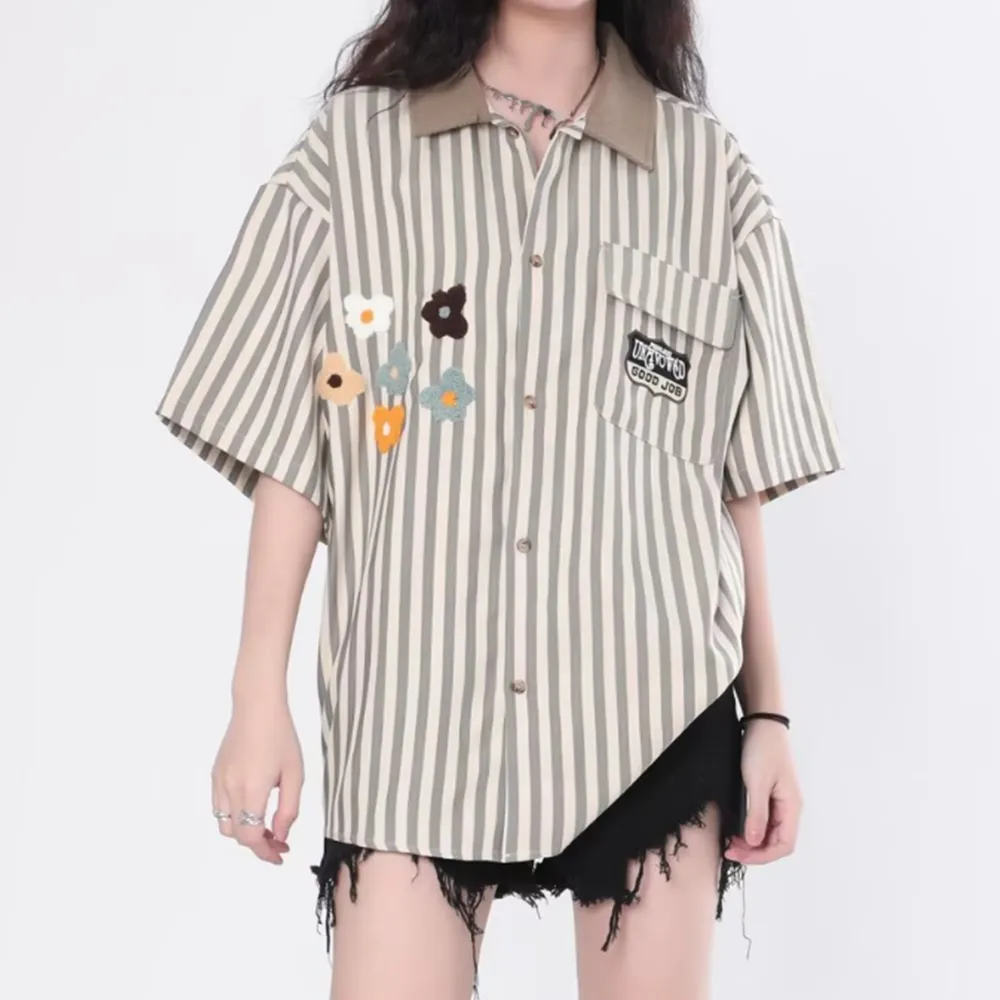 Preppy Stripe Floral Embroidered Shirt