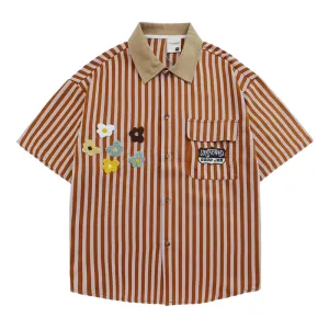Preppy Stripe Floral Embroidered Shirt