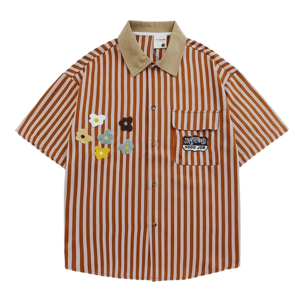 Preppy Stripe Floral Embroidered Shirt