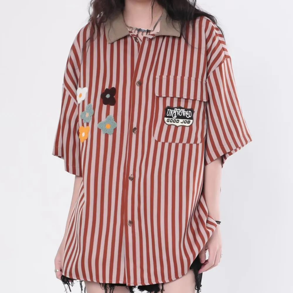 Preppy Stripe Floral Embroidered Shirt