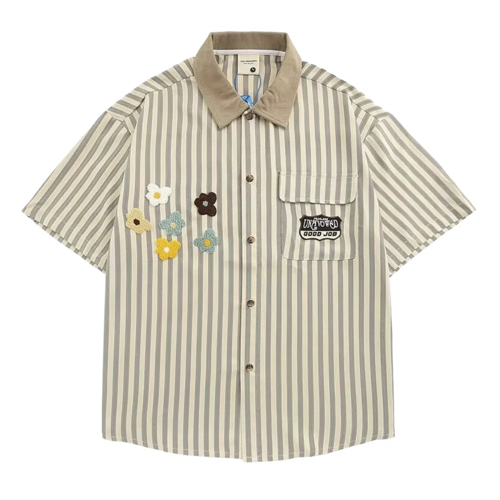 Preppy Stripe Floral Embroidered Shirt