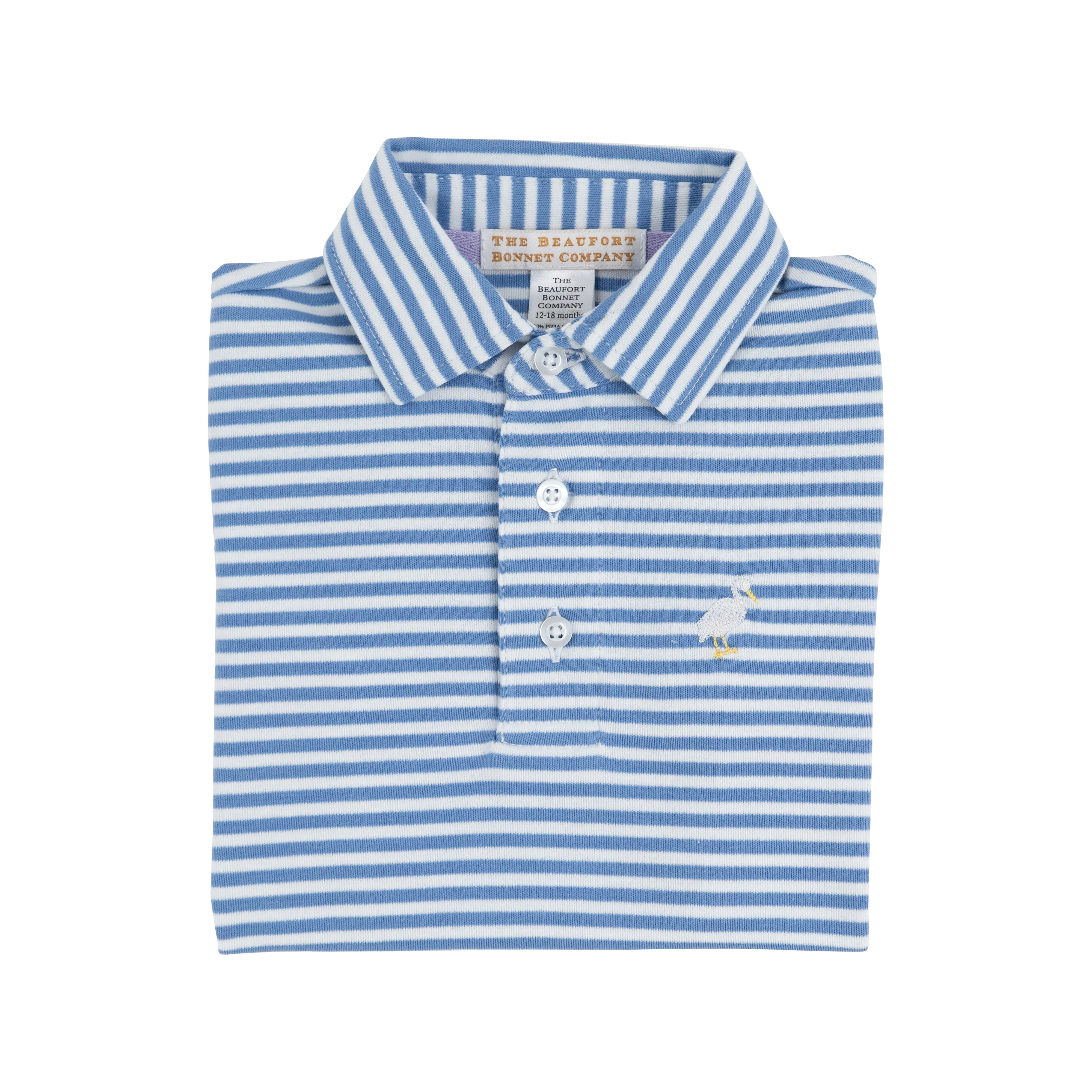 Prim & Proper Polo & Onesie - Barbados Blue Stripe with Multicolor Stork
