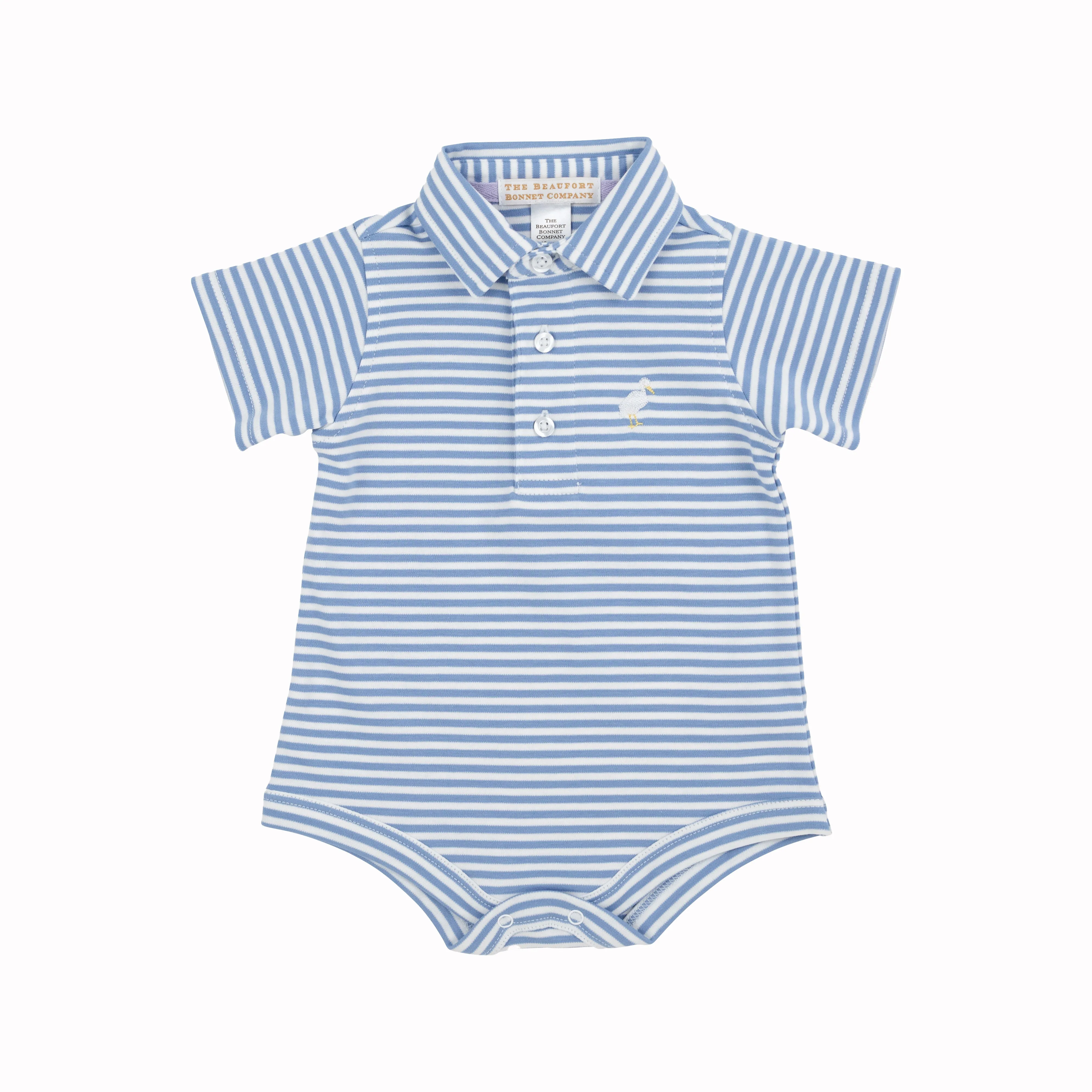 Prim & Proper Polo & Onesie - Barbados Blue Stripe with Multicolor Stork