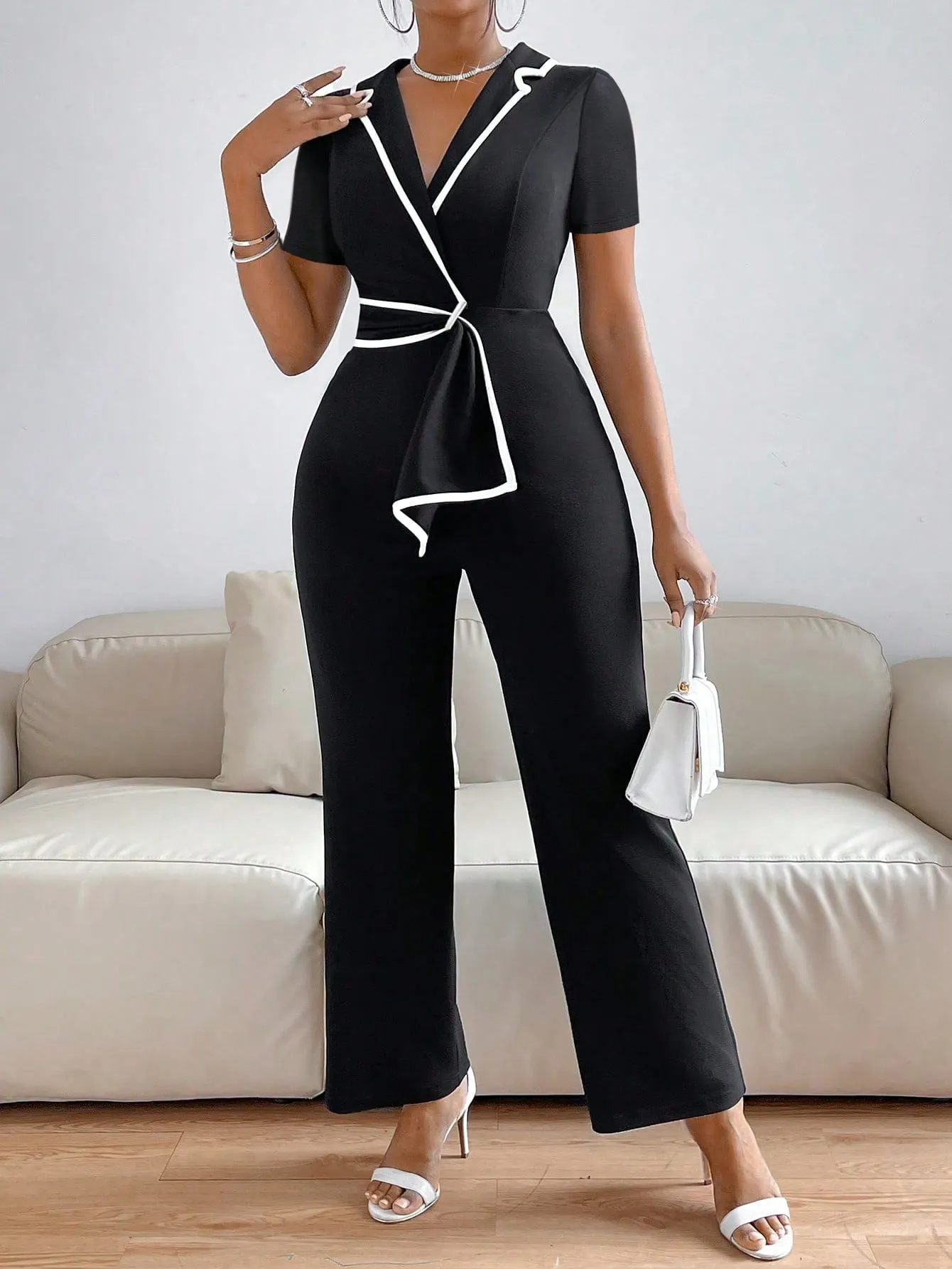 Privé Lapel Collar Contrast Binding Jumpsuit