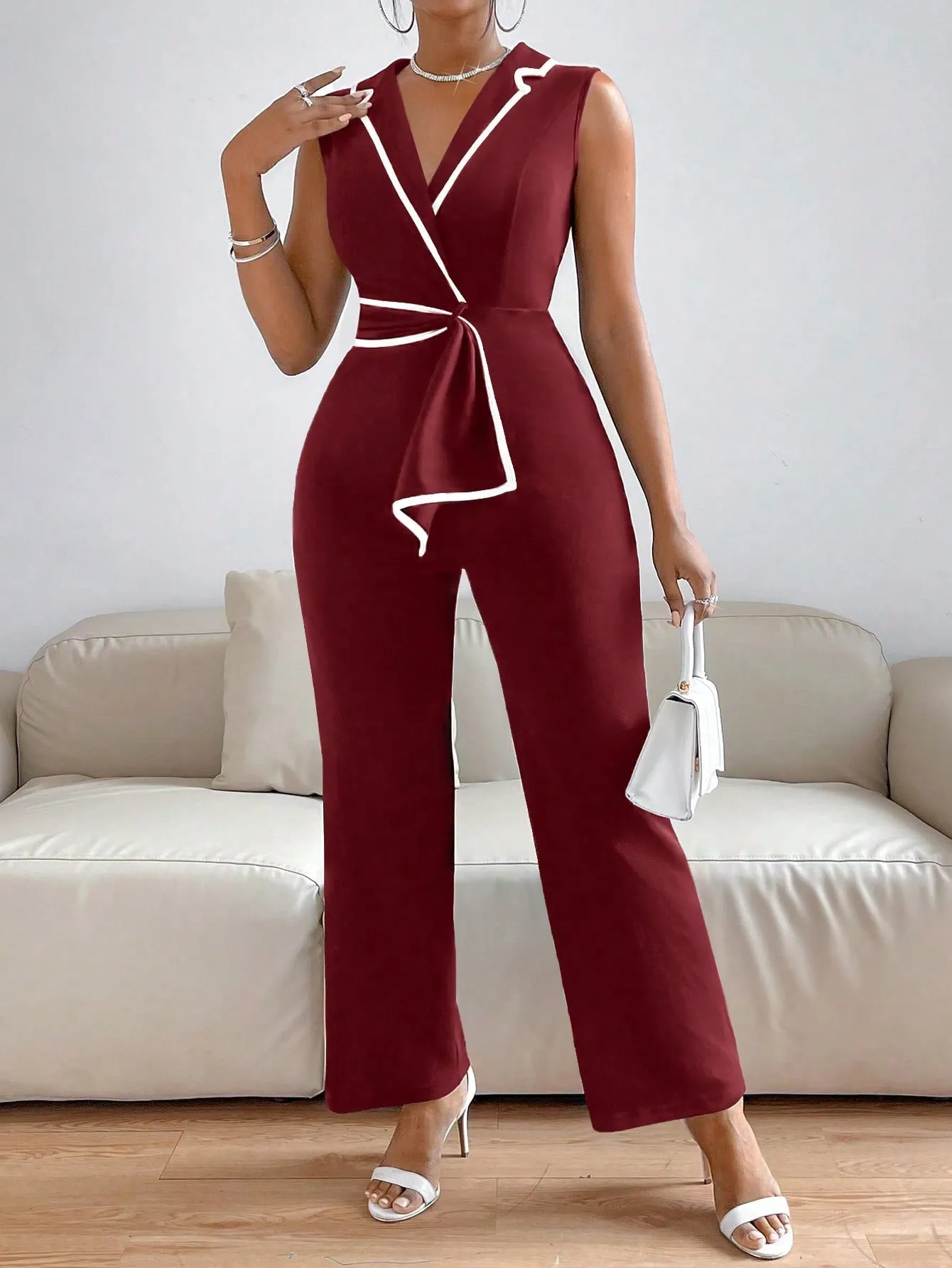 Privé Lapel Collar Contrast Binding Jumpsuit