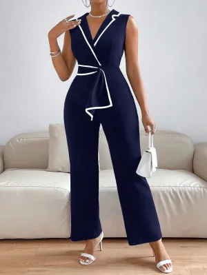 Privé Lapel Collar Contrast Binding Jumpsuit