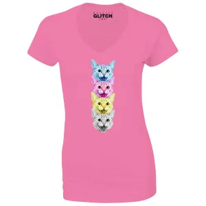 Reality Glitch CMYK Cat Womens T-Shirt - V-Neck