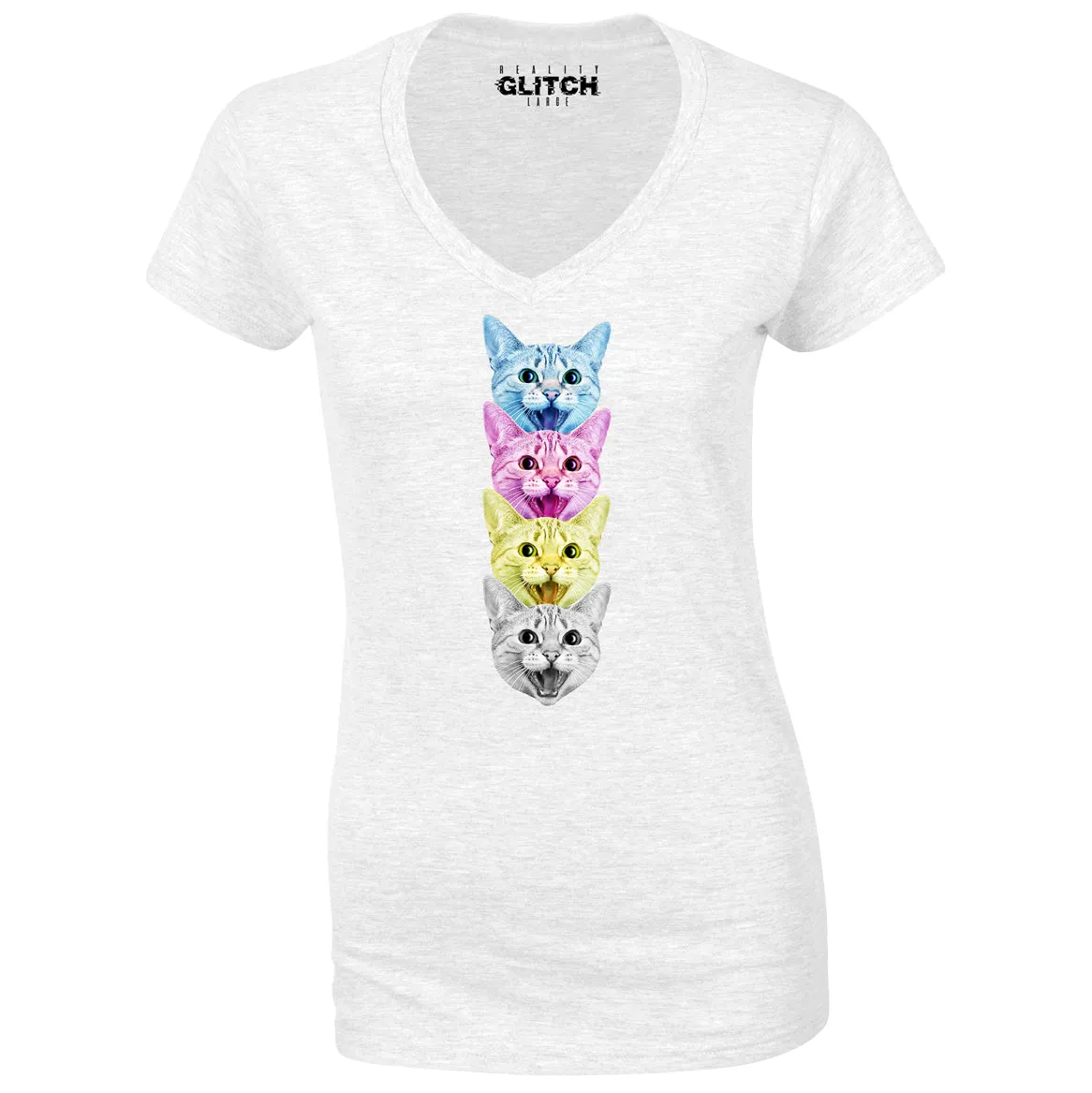 Reality Glitch CMYK Cat Womens T-Shirt - V-Neck