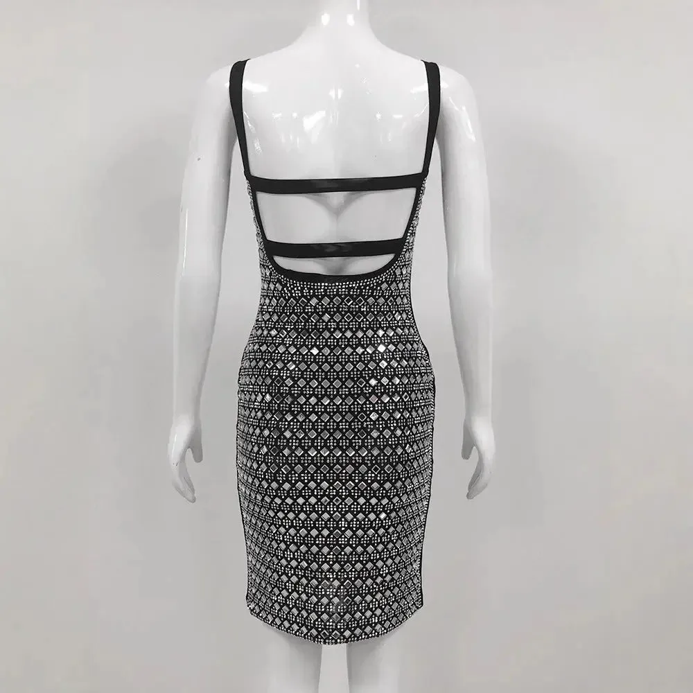 Rhinestone Mesh Dress - Elegant Sling Short Cocktail Dress