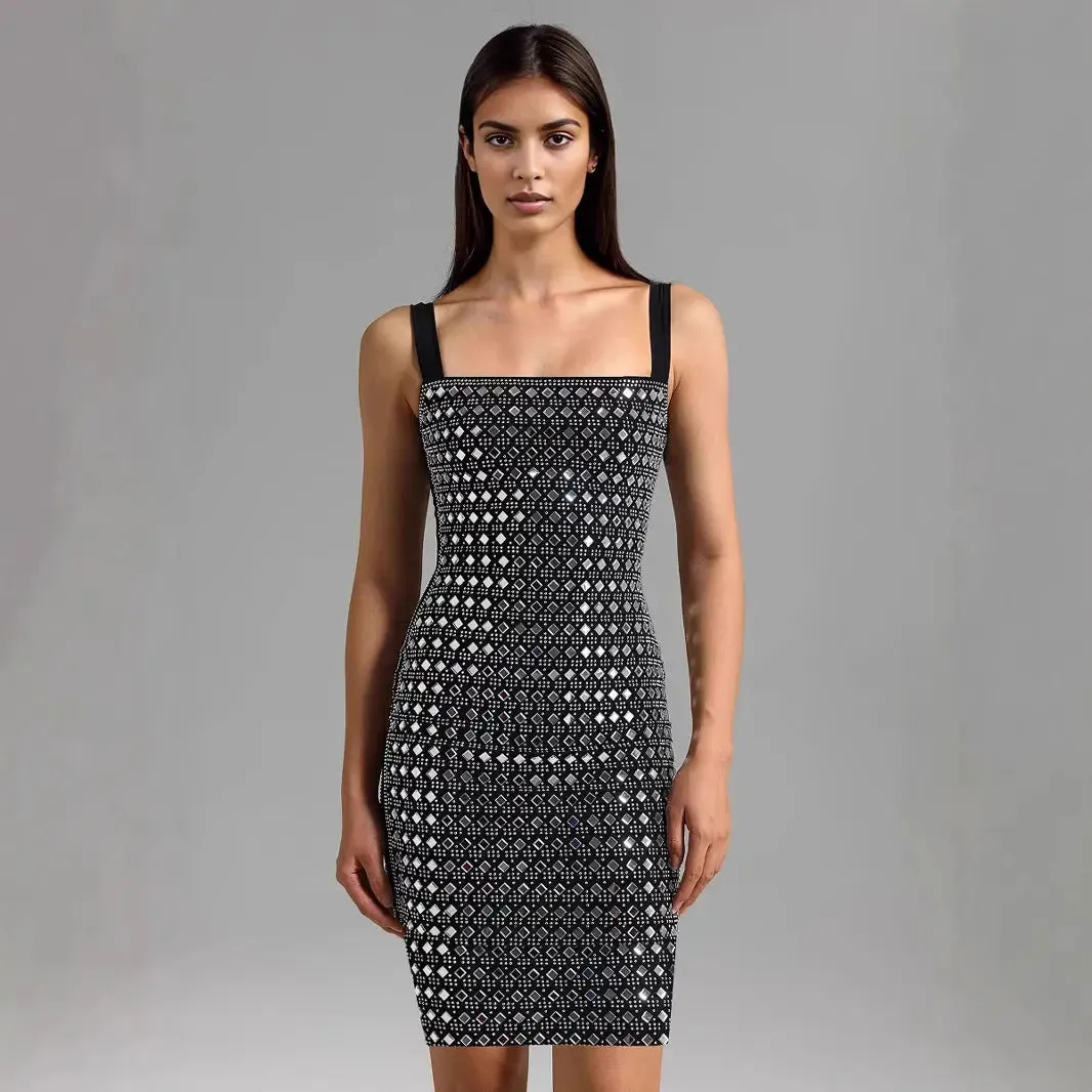 Rhinestone Mesh Dress - Elegant Sling Short Cocktail Dress