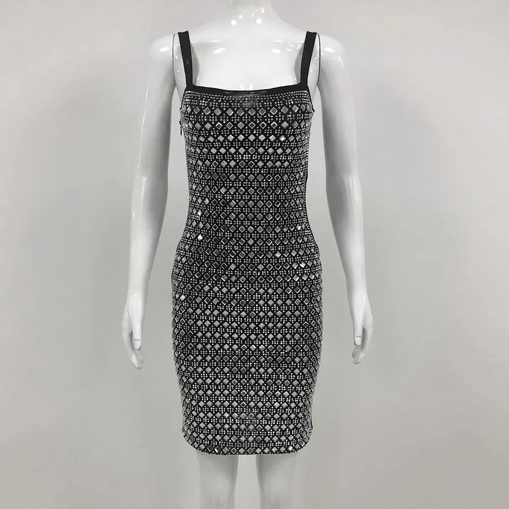 Rhinestone Mesh Dress - Elegant Sling Short Cocktail Dress