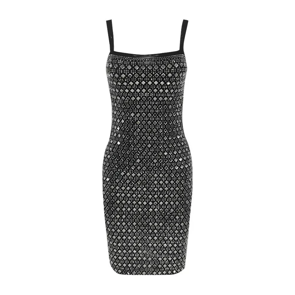 Rhinestone Mesh Dress - Elegant Sling Short Cocktail Dress