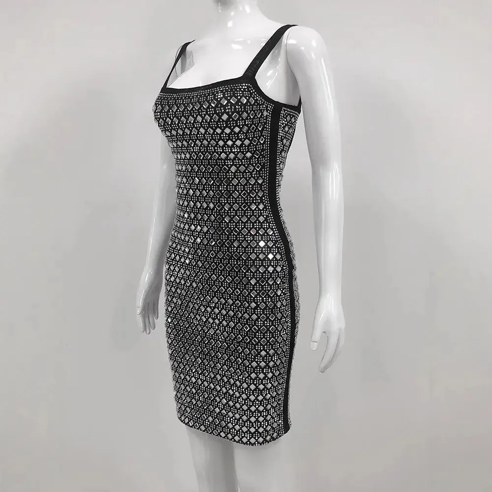 Rhinestone Mesh Dress - Elegant Sling Short Cocktail Dress