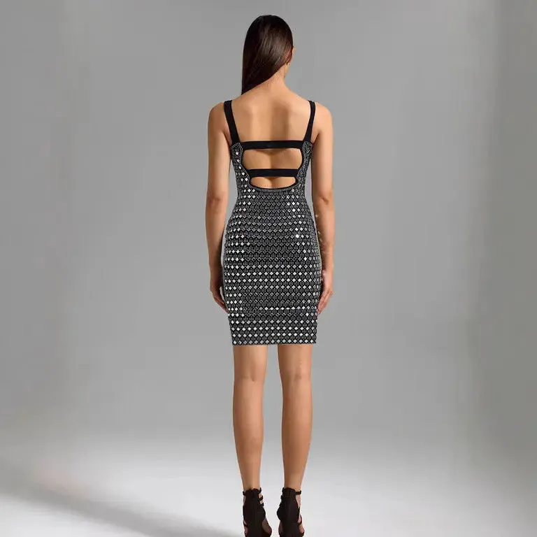 Rhinestone Mesh Dress - Elegant Sling Short Cocktail Dress
