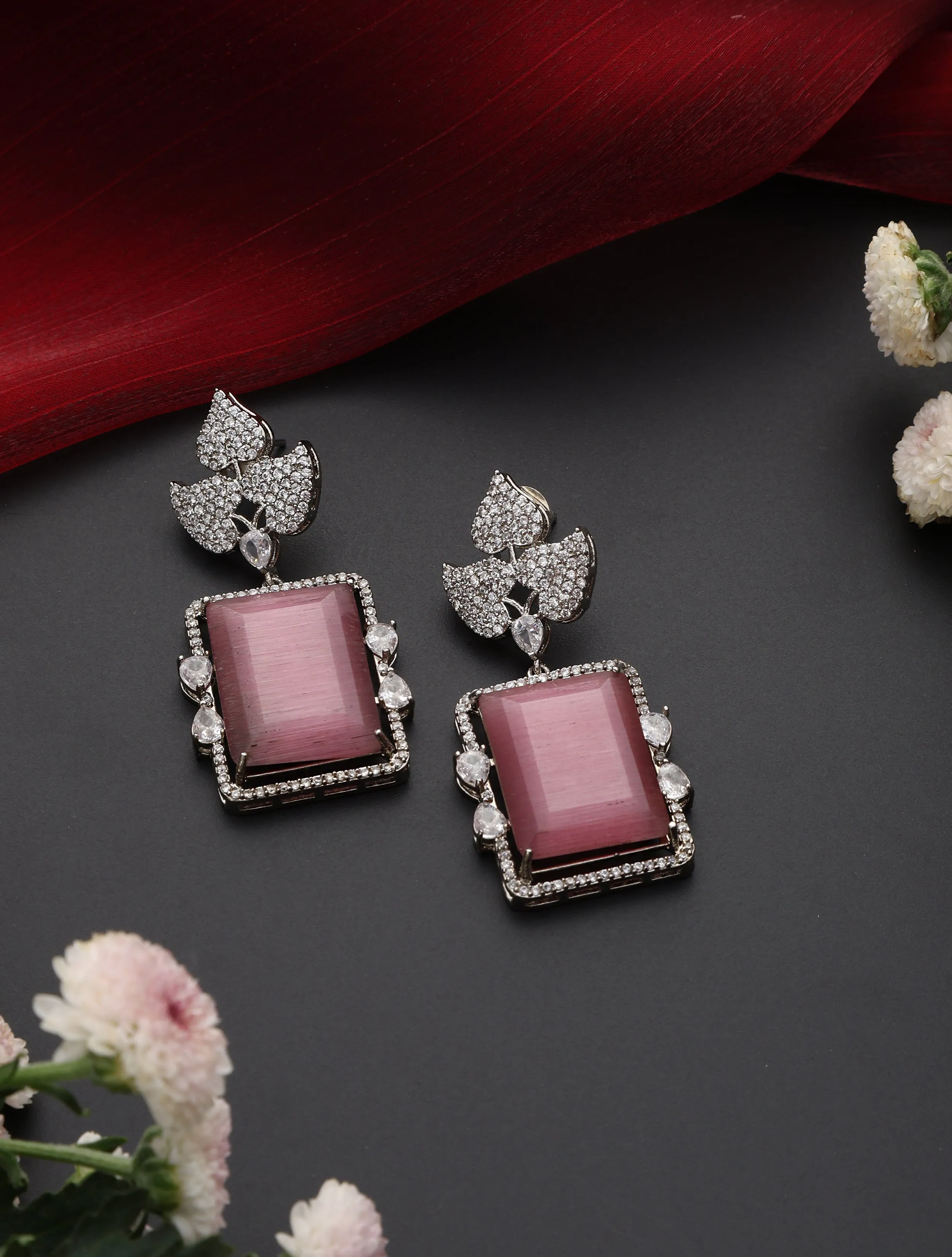 Rose Square American Diamond Hanging Earrings