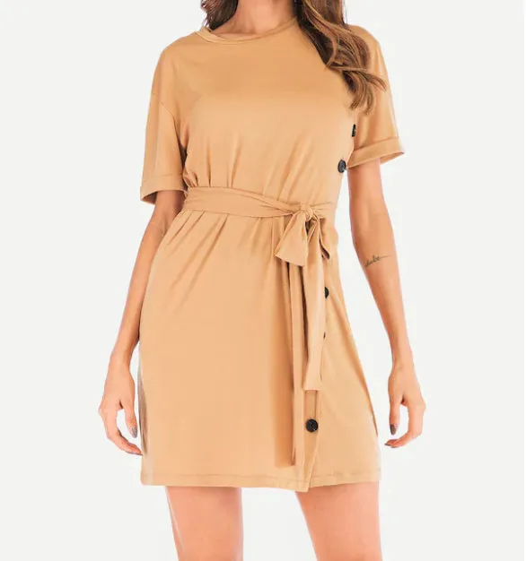 Round Neck Belt Short Sleeve Dress
