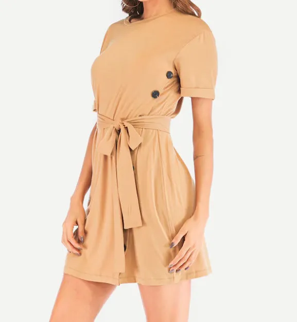 Round Neck Belt Short Sleeve Dress