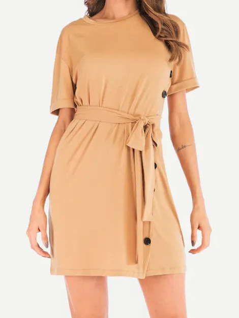 Round Neck Belt Short Sleeve Dress