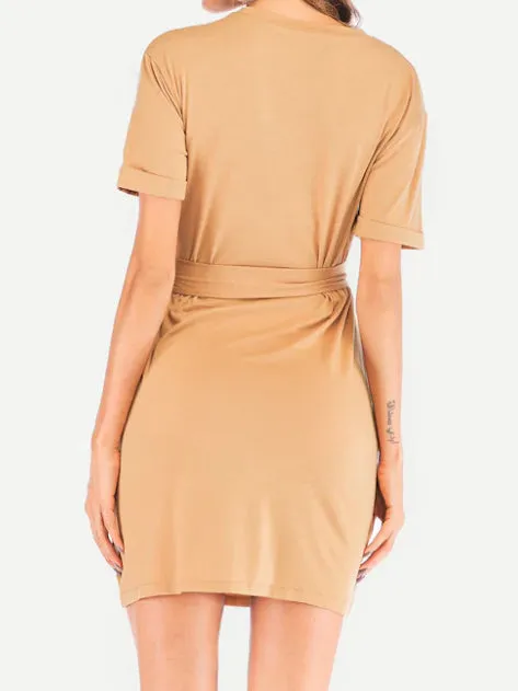 Round Neck Belt Short Sleeve Dress