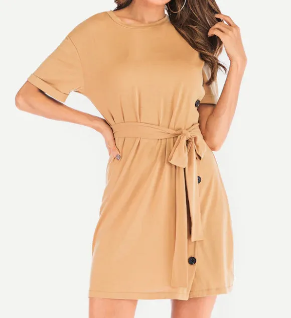 Round Neck Belt Short Sleeve Dress