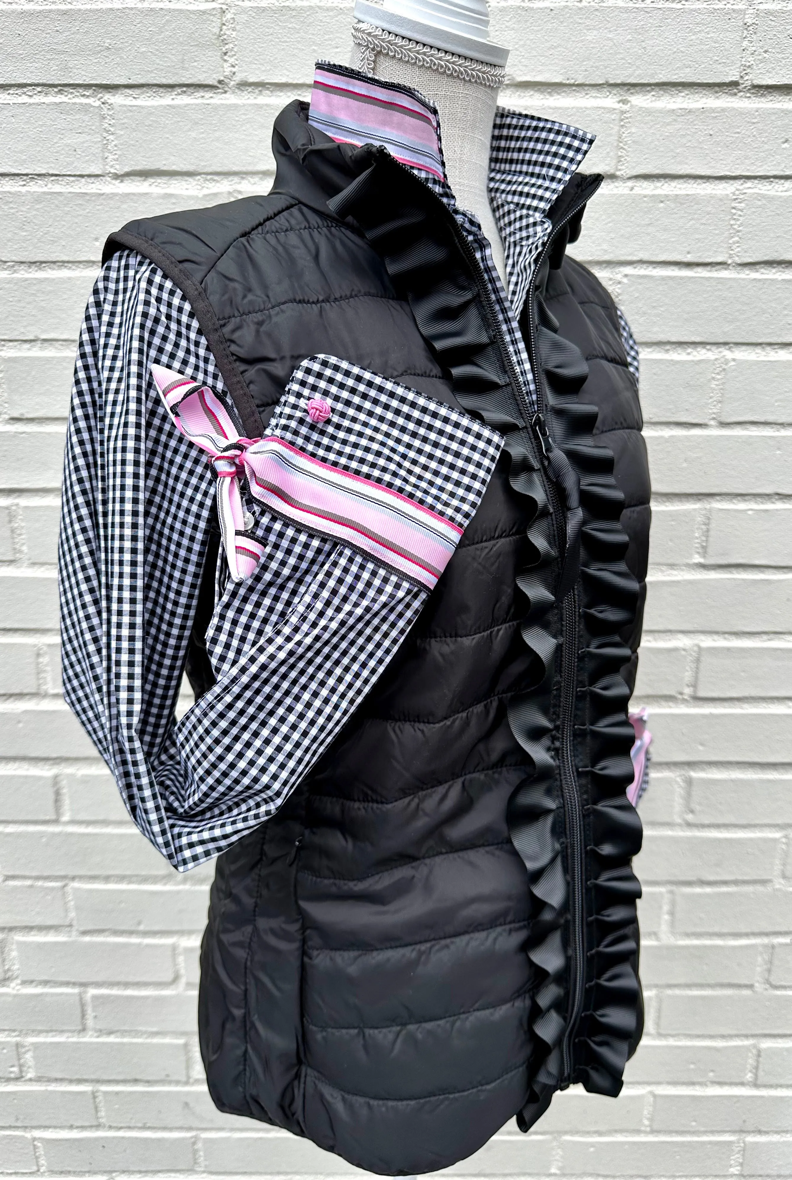 SALE - XS & 2XL ONLY - Audrey Black Gingham Ribbon French Cuff Shirt *FINAL SALE*