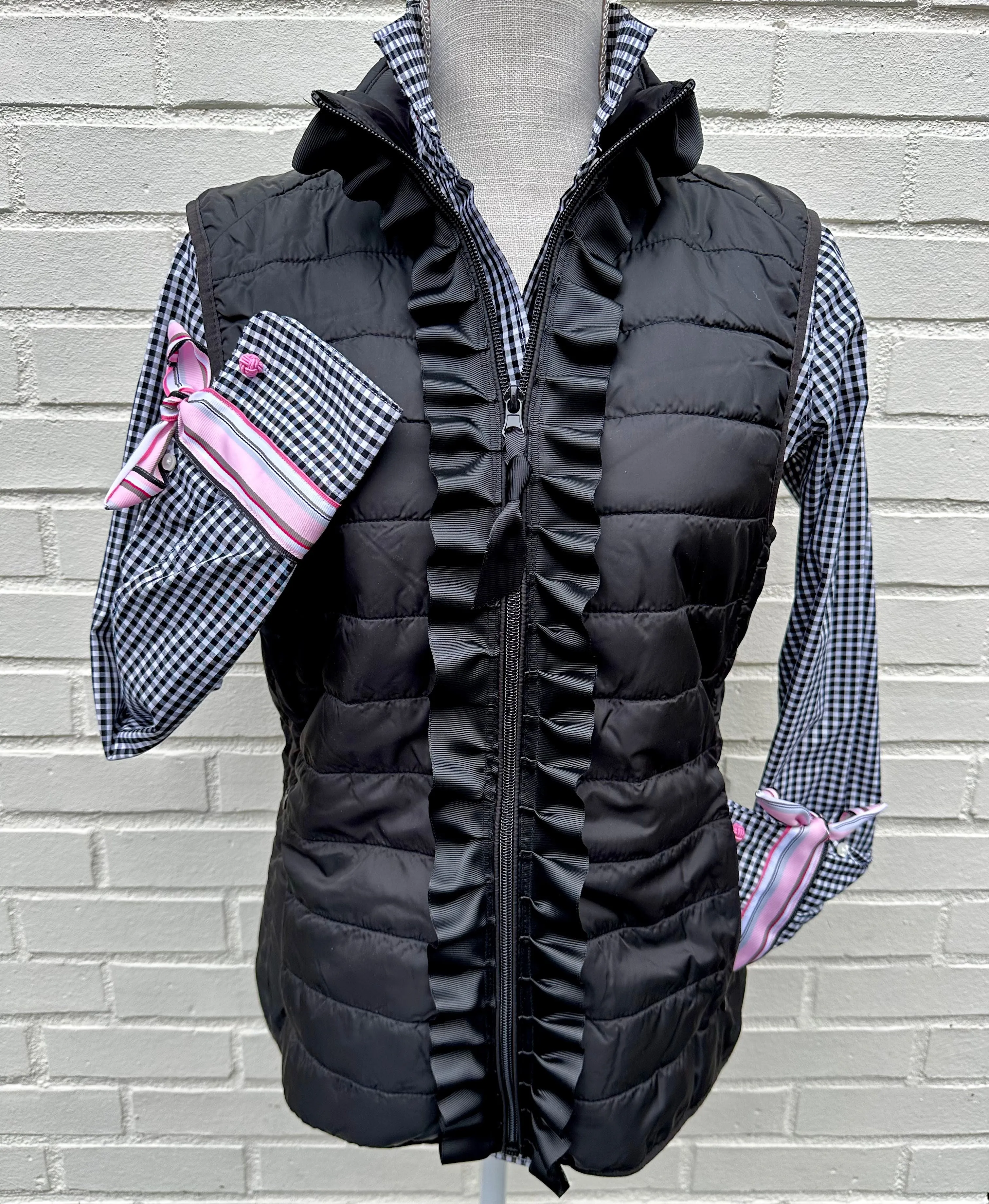 SALE - XS & 2XL ONLY - Audrey Black Gingham Ribbon French Cuff Shirt *FINAL SALE*