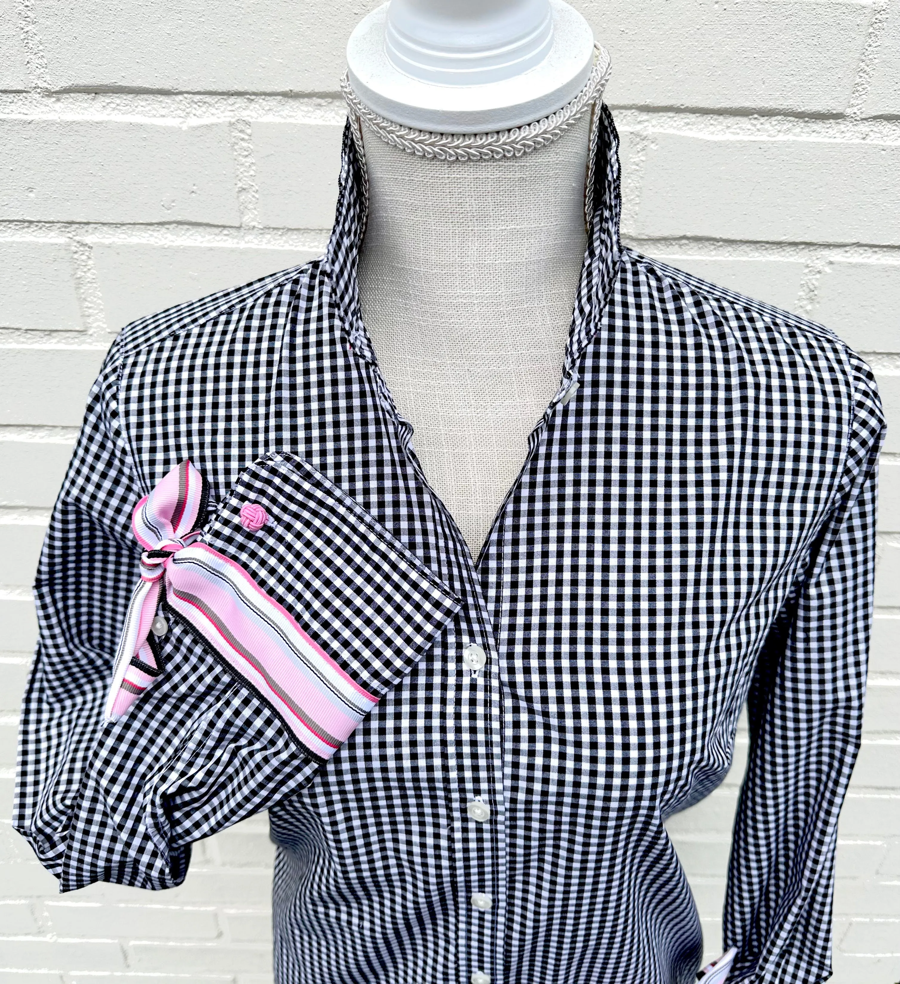 SALE - XS & 2XL ONLY - Audrey Black Gingham Ribbon French Cuff Shirt *FINAL SALE*