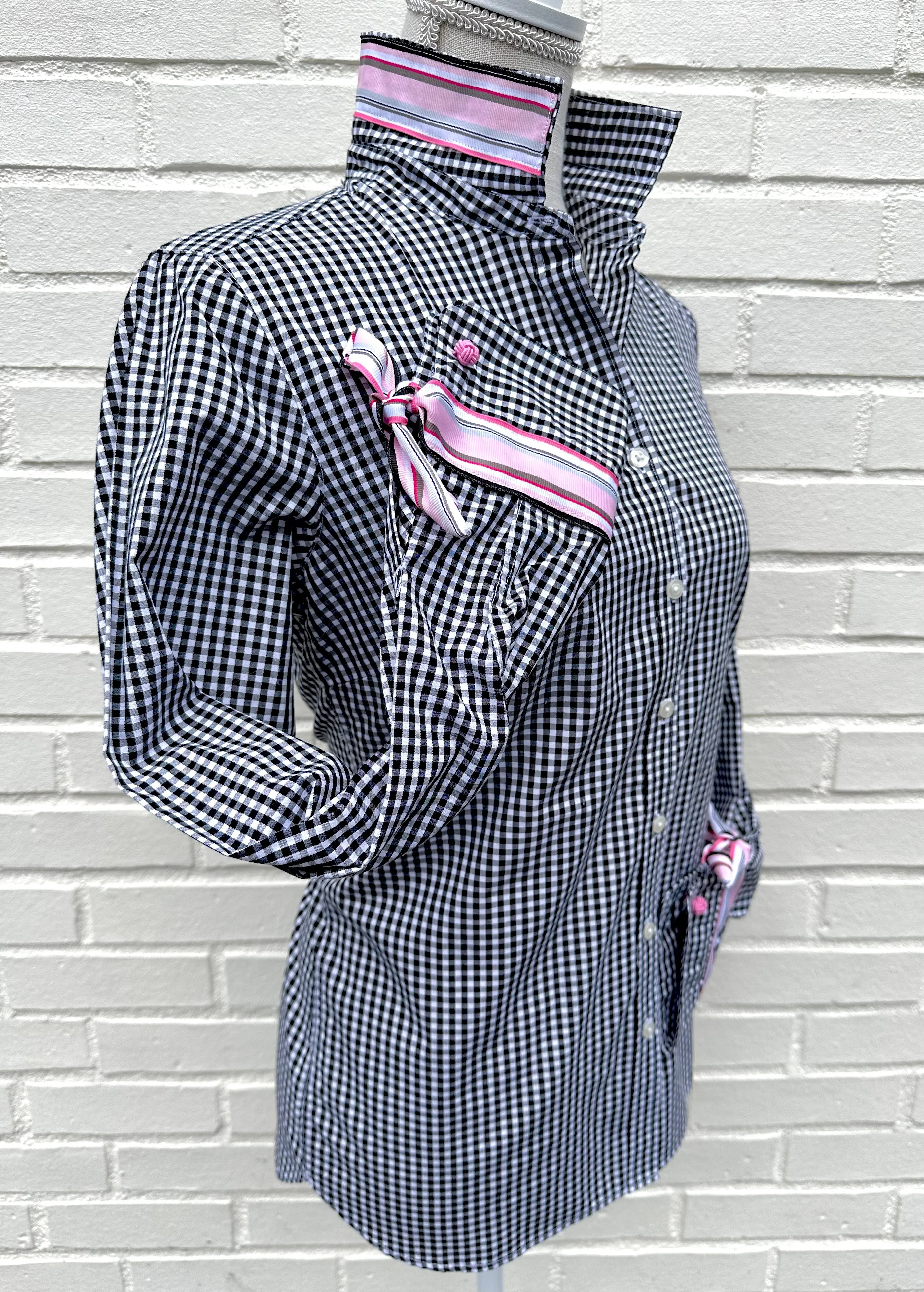 SALE - XS & 2XL ONLY - Audrey Black Gingham Ribbon French Cuff Shirt *FINAL SALE*