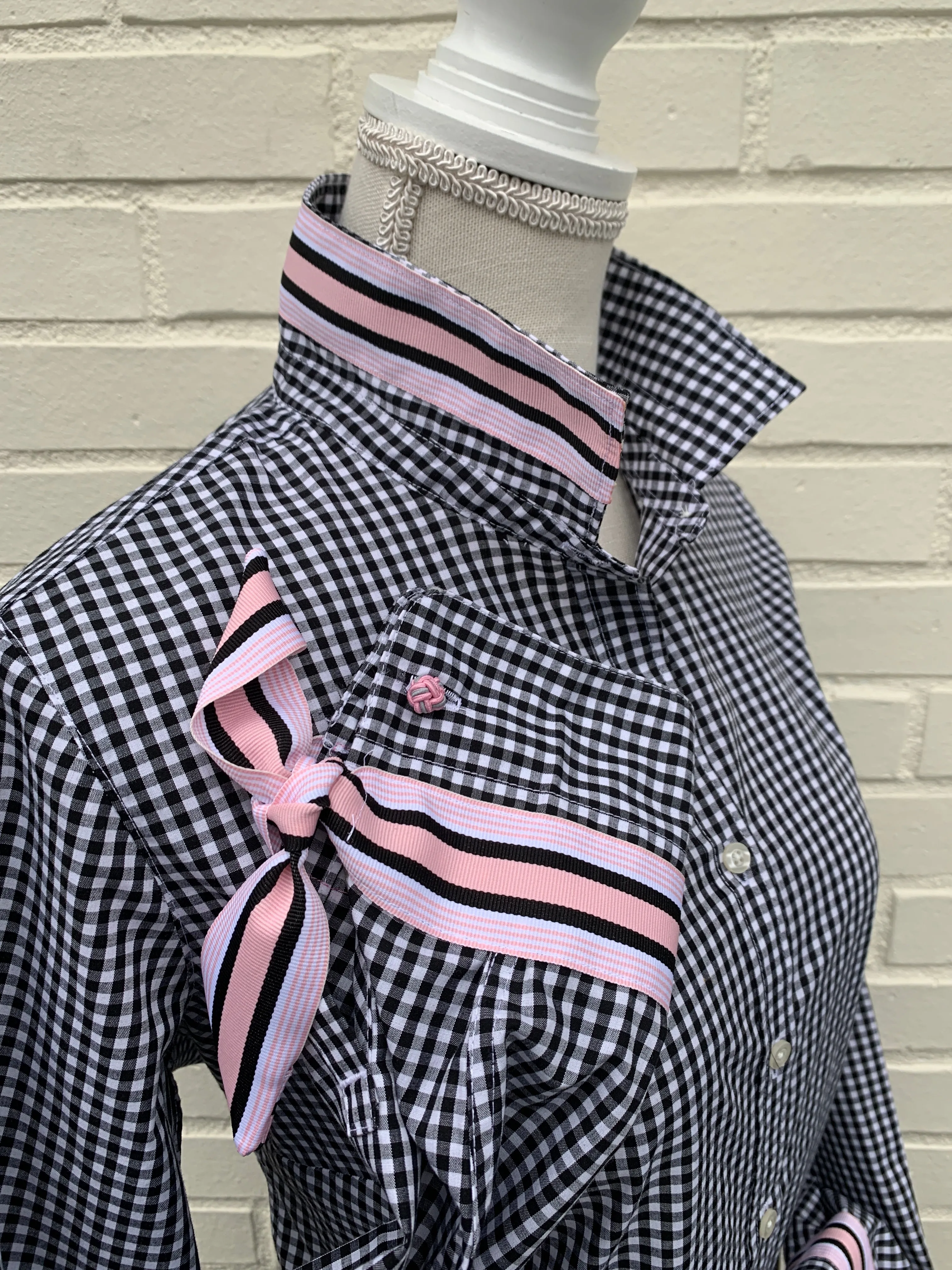 SALE - XS & 2XL ONLY - Audrey Black Gingham Ribbon French Cuff Shirt  (RFC11) *FINAL SALE*