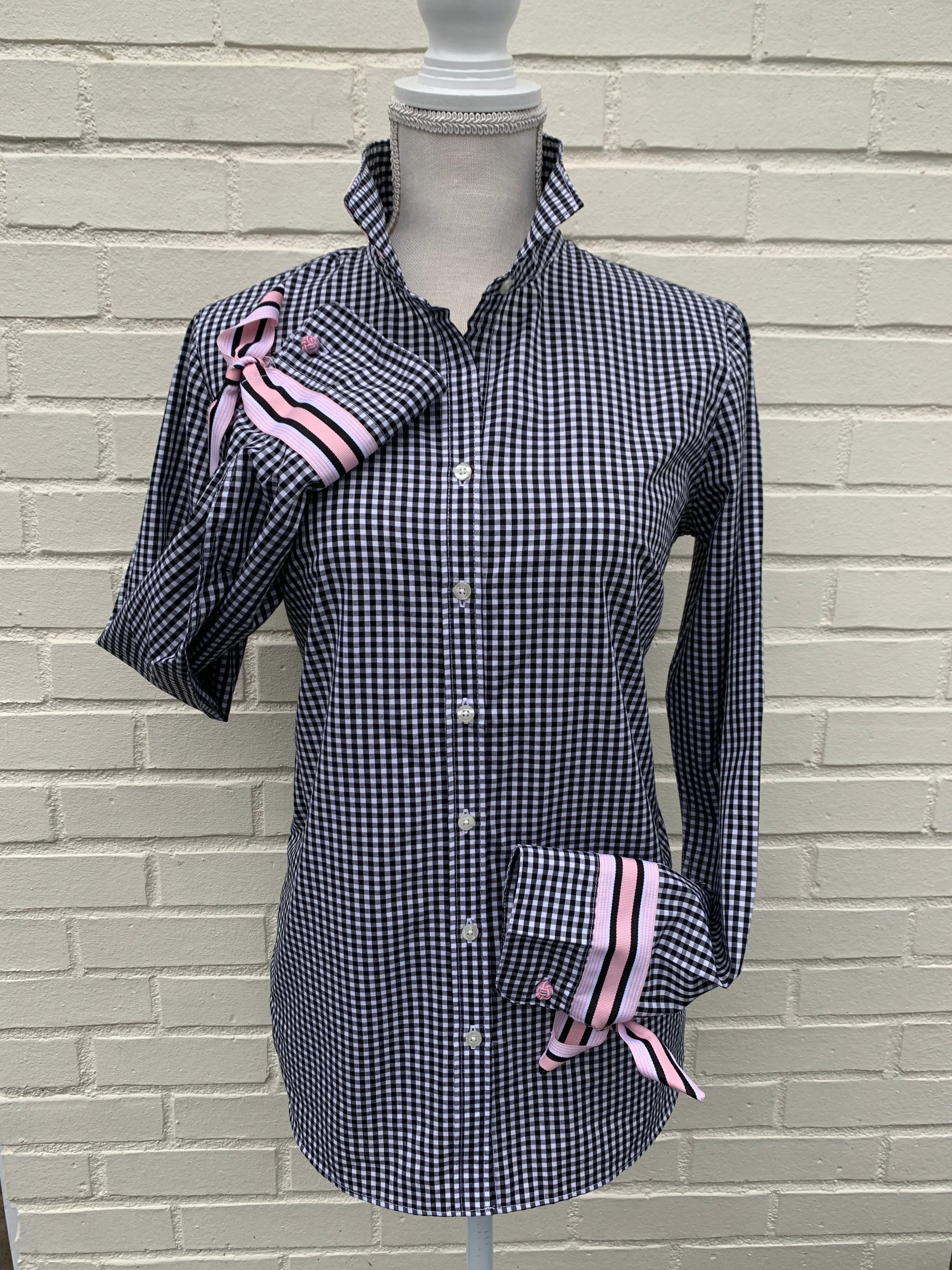 SALE - XS & 2XL ONLY - Audrey Black Gingham Ribbon French Cuff Shirt  (RFC11) *FINAL SALE*