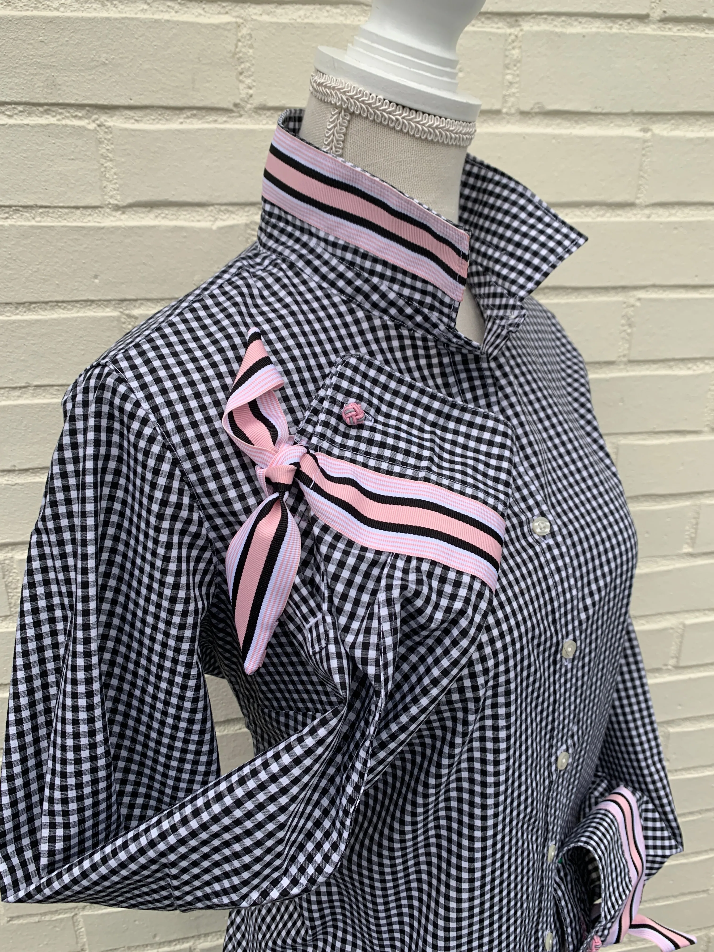 SALE - XS & 2XL ONLY - Audrey Black Gingham Ribbon French Cuff Shirt  (RFC11) *FINAL SALE*