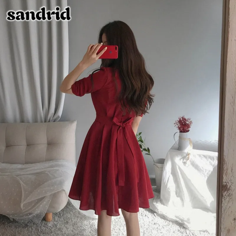 sandrid 2020 new summer ladies V-neck office lady slim elegant dress women plus size red banquet dress M-4XL