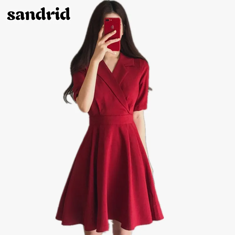 sandrid 2020 new summer ladies V-neck office lady slim elegant dress women plus size red banquet dress M-4XL
