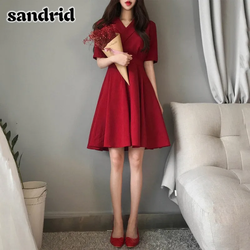 sandrid 2020 new summer ladies V-neck office lady slim elegant dress women plus size red banquet dress M-4XL