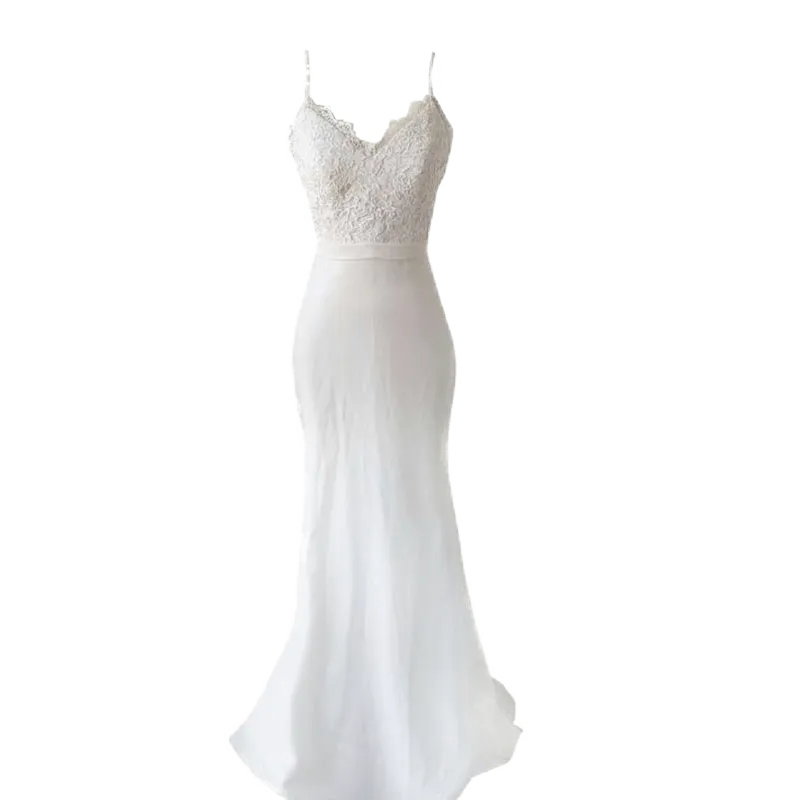 Satin Slip Lace Slim Fit Long Wedding Dress