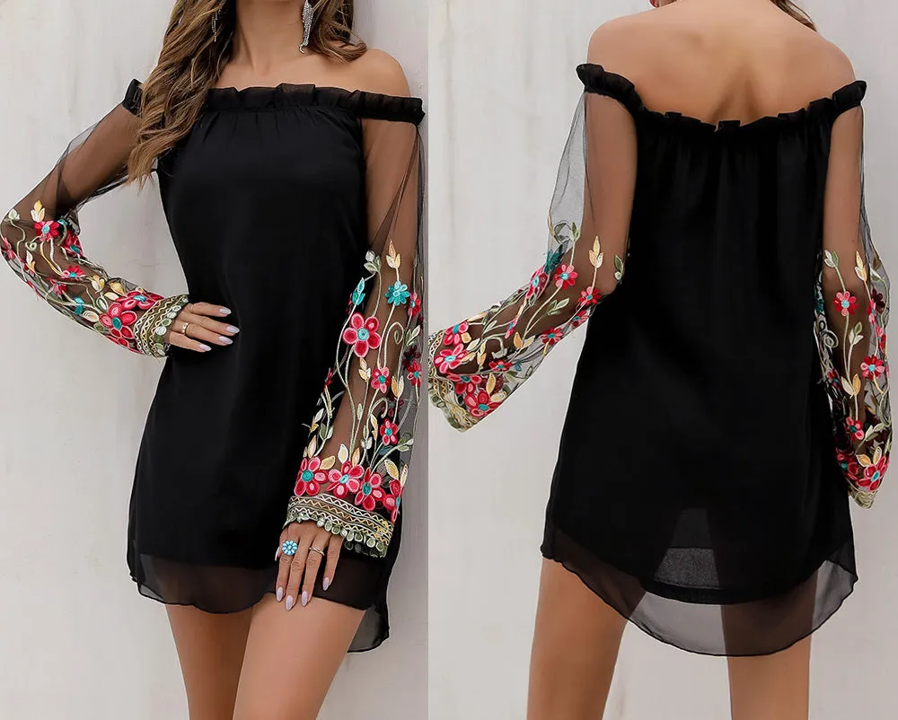 Sexy Off-the-shoulder Mesh Double-layer Chiffon Dress