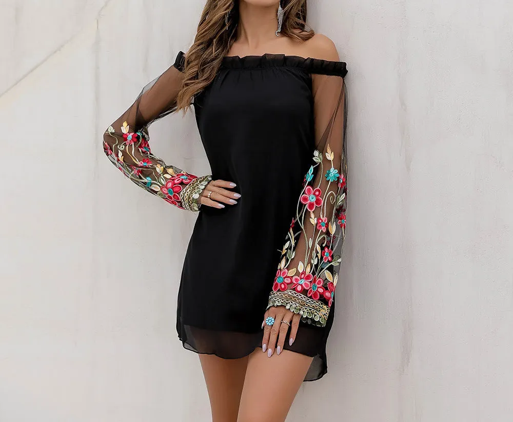 Sexy Off-the-shoulder Mesh Double-layer Chiffon Dress