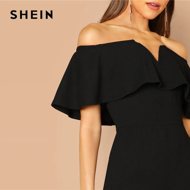 SHEIN Black Elegant Office Lady Solid Off Shoulder Short Sleeve