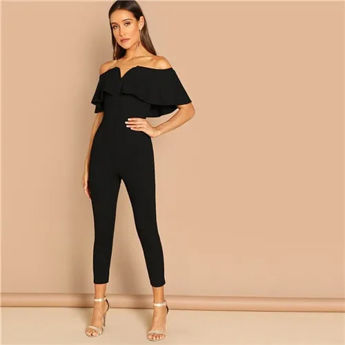 SHEIN Black Elegant Office Lady Solid Off Shoulder Short Sleeve