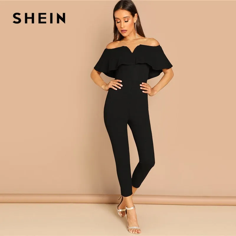SHEIN Black Elegant Office Lady Solid Off Shoulder Short Sleeve